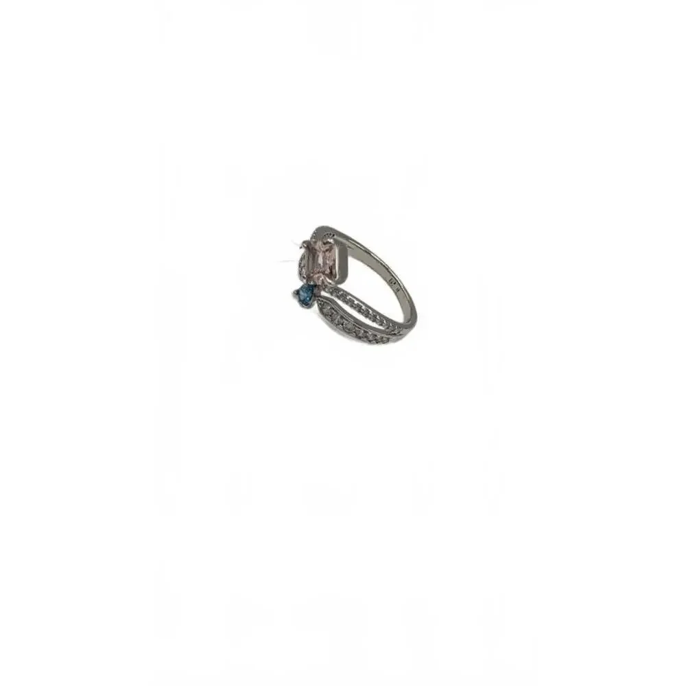 Silver Tone Ring with Pink and Blue Gemstones Size 9